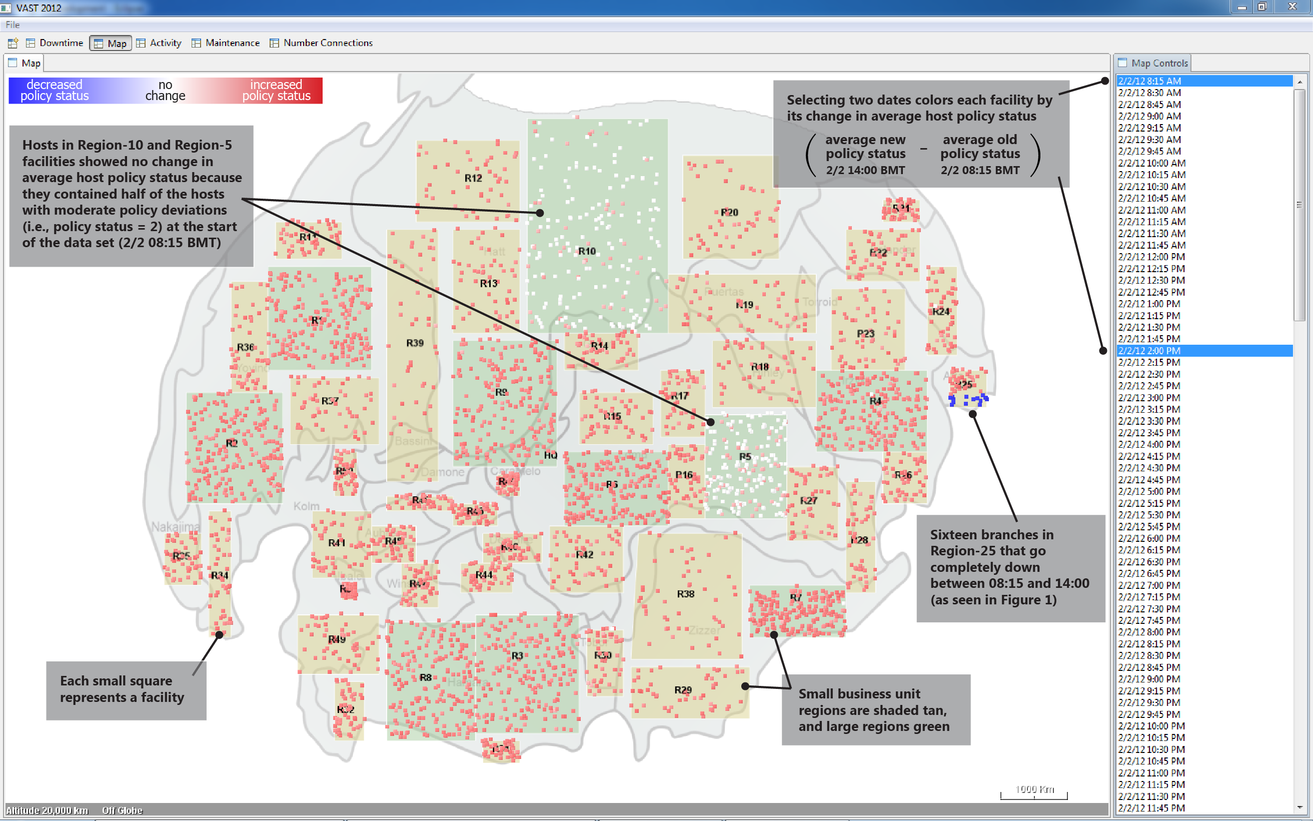 Figure 3 - Difference between average policy status of hosts in each facility at 2/2 08:15 BMT and 2/2 14:00 BMT